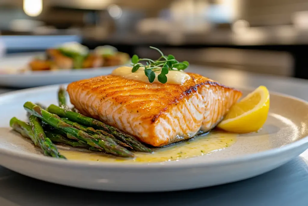 crispy salmon fillet topped with garlic butter and served with asparagus