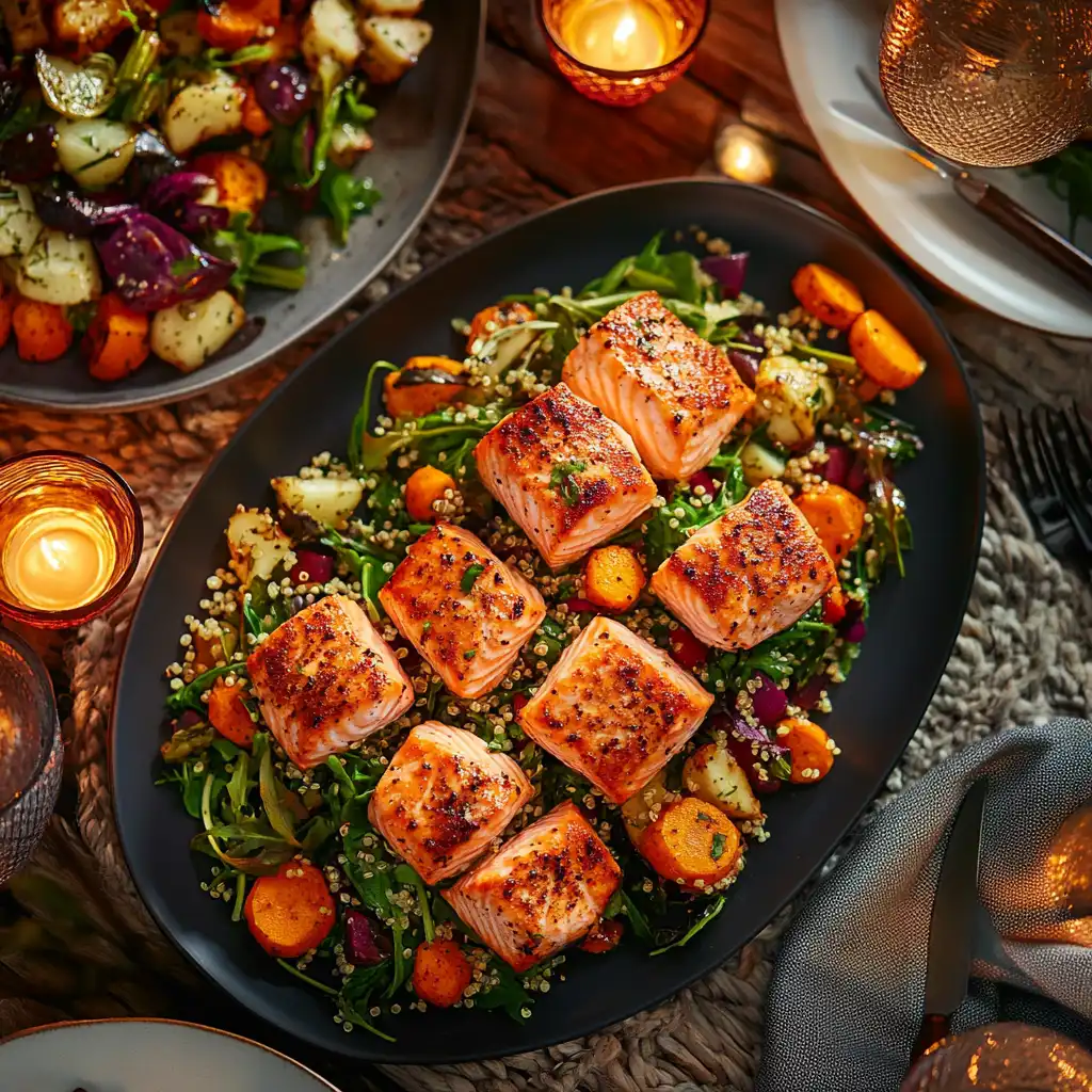 Dinner table spread with crispy salmon bites and sides.