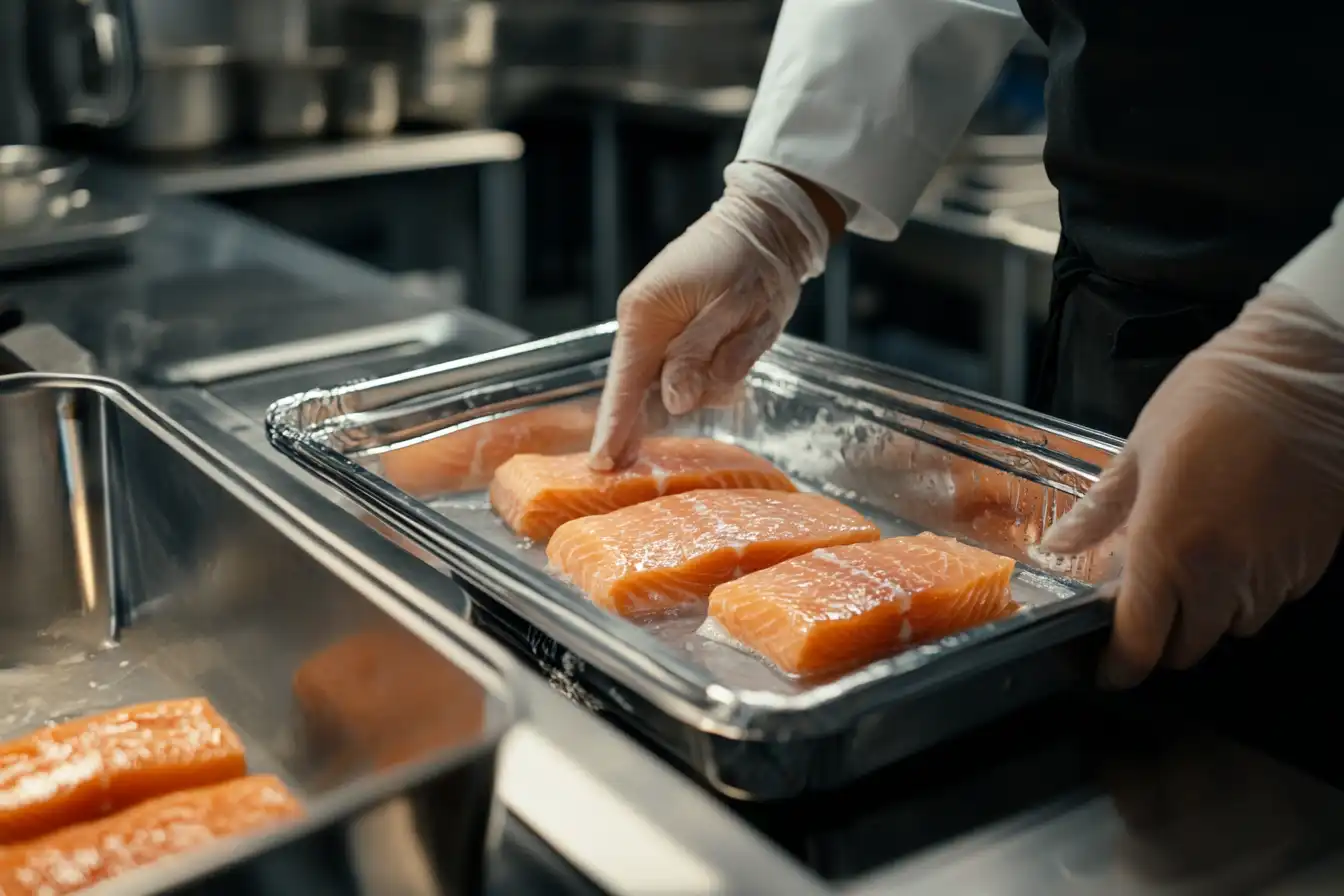 Chef placing salmon fillets into a saltwater brine in a modern kitchen