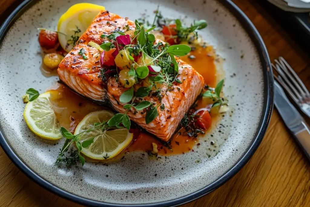 Plated salmon garnished with herbs and lemon on a wooden table