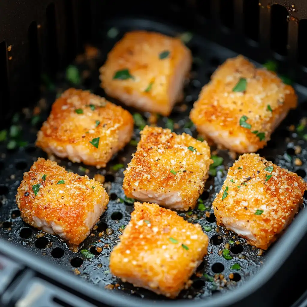 Salmon bites cooking in an air fryer basket