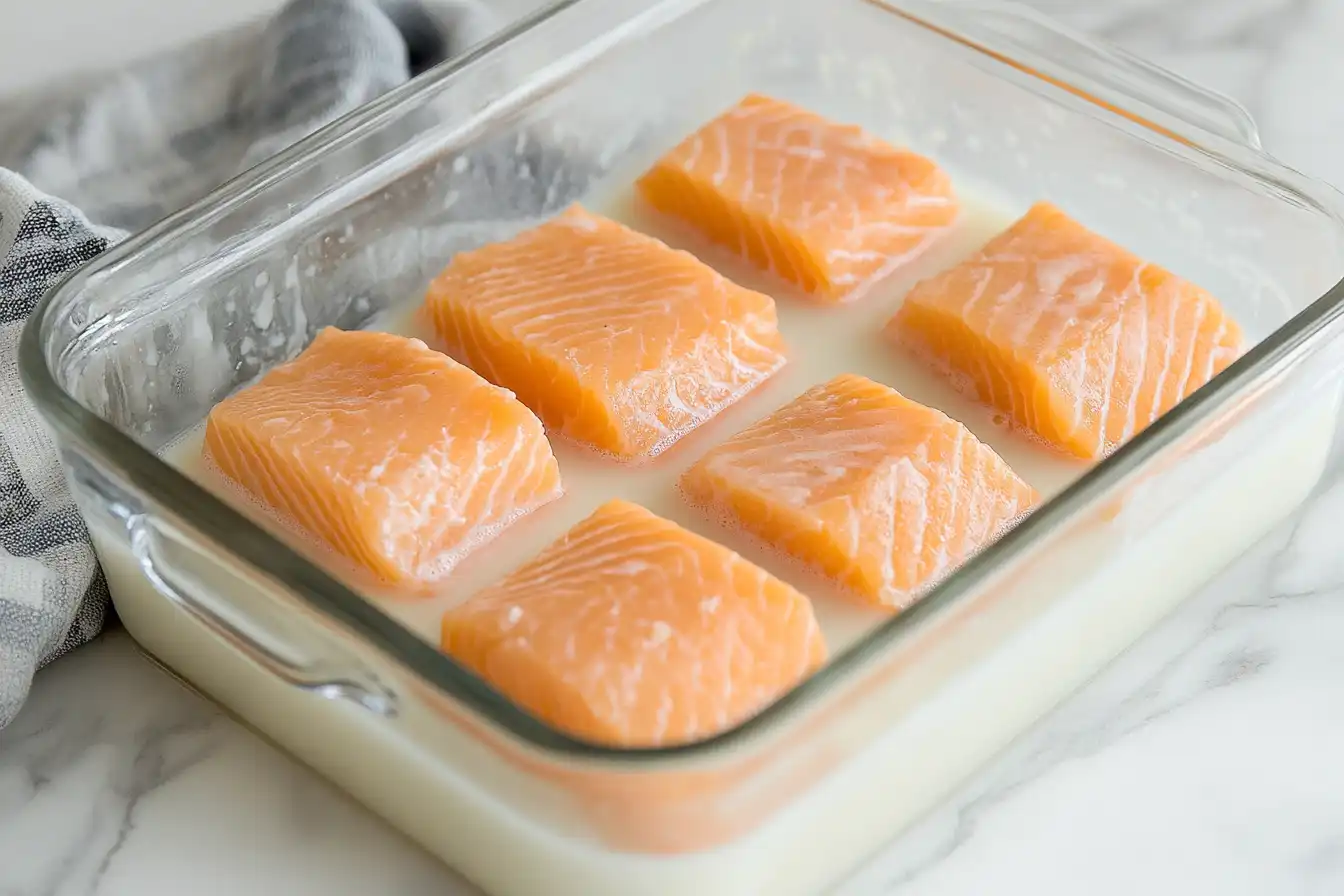 Salmon fillets soaking in milk in a glass dish on a kitchen counter
