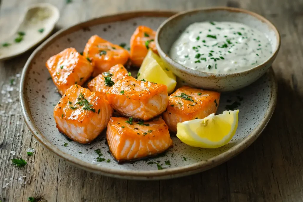 Golden crispy salmon bites garnished with fresh herbs and sauce.