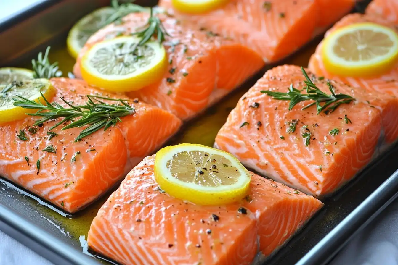 Herb-marinated salmon fillets on a baking tray with lemon and rosemary