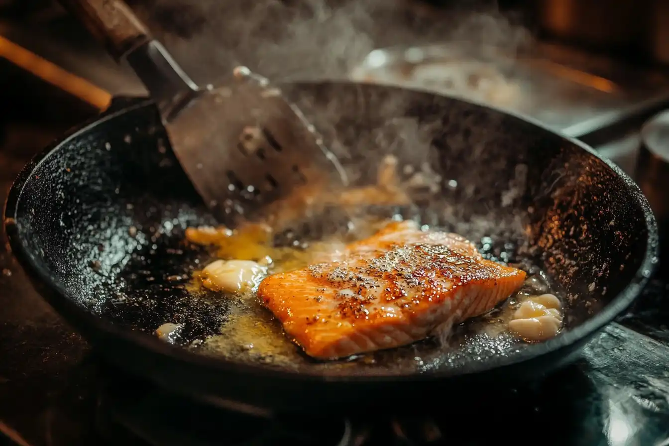 Salmon fillet pan-searing in a skillet with butter and oil