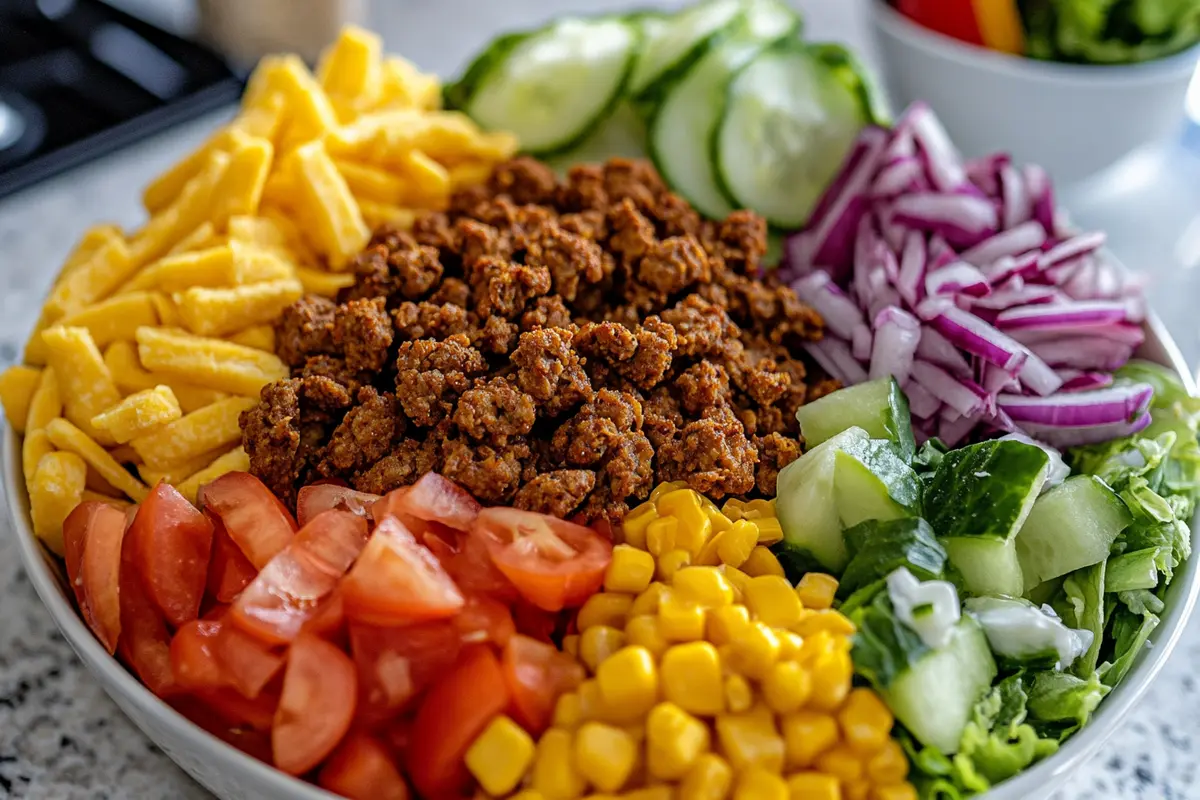 A beautifully arranged bowl featuring a grilled patty on a bed of quinoa, topped with avocado, cherry tomatoes, and a drizzle of sauce.