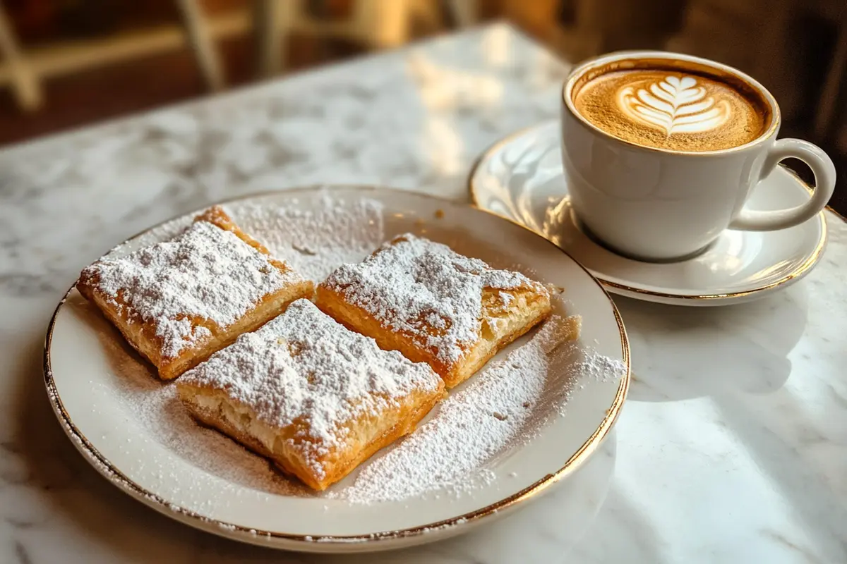 A plate of three golden-brown Nussgipfel pastries, dusted with powdered sugar, next to a cup of espresso on a white kitchen marble counter