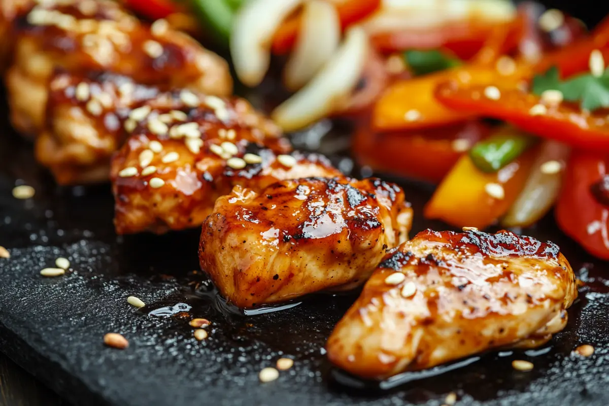 Teriyaki chicken cooking on a Blackstone griddle with vegetables.