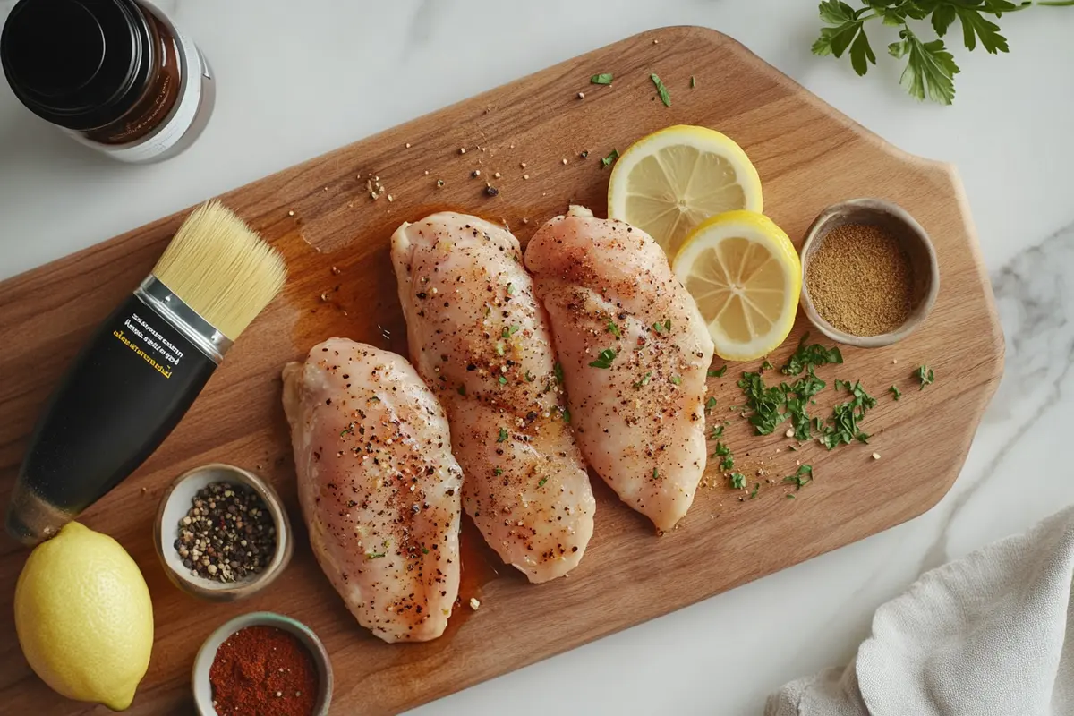  Raw seasoned chicken breasts with spices and lemon slices.