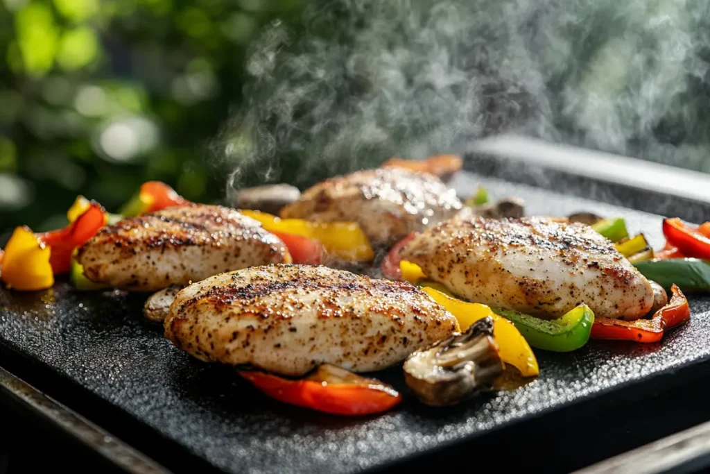 Juicy chicken cooking on a Blackstone griddle with vegetables.