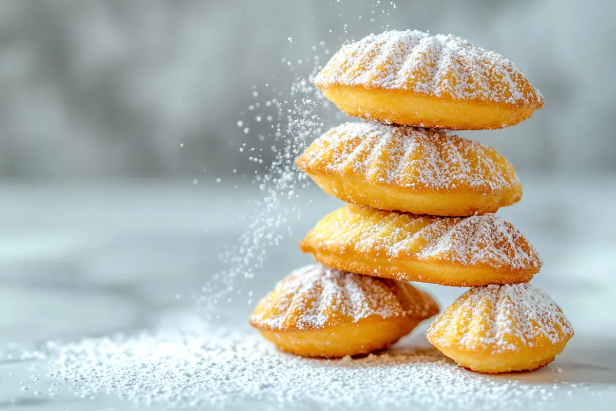 A stack of warm madeleines with a light dusting of powdered sugar.