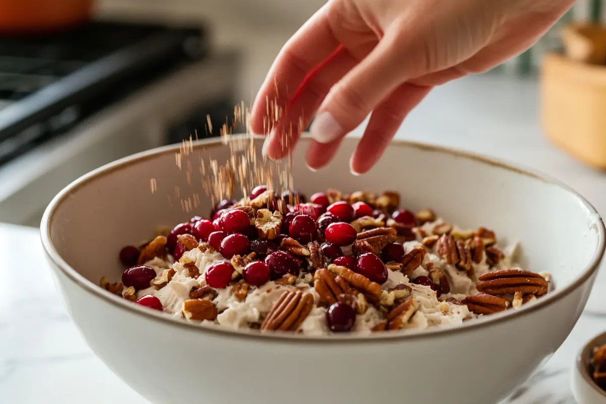 Cranberries and pecans being added to chicken dressing.