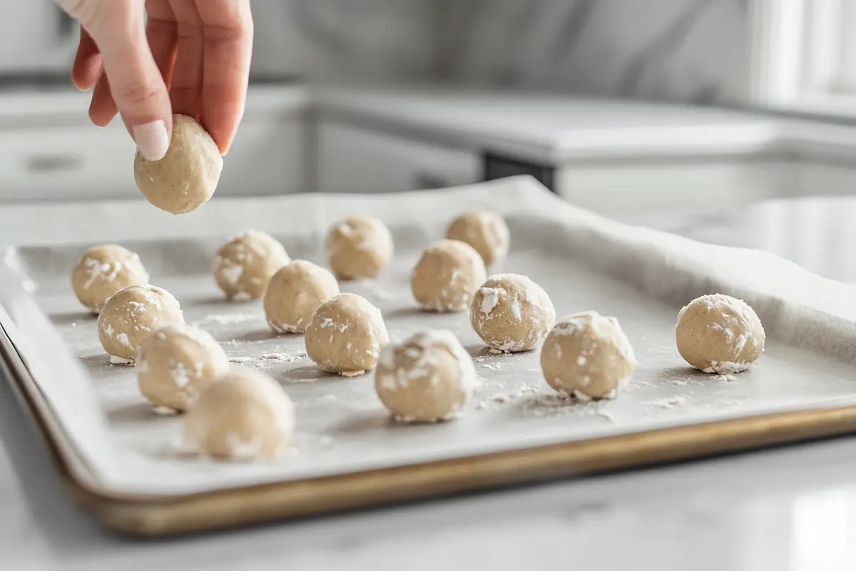 Pignoli cookie dough balls topped with pine nuts on a baking sheet, ready for the oven.