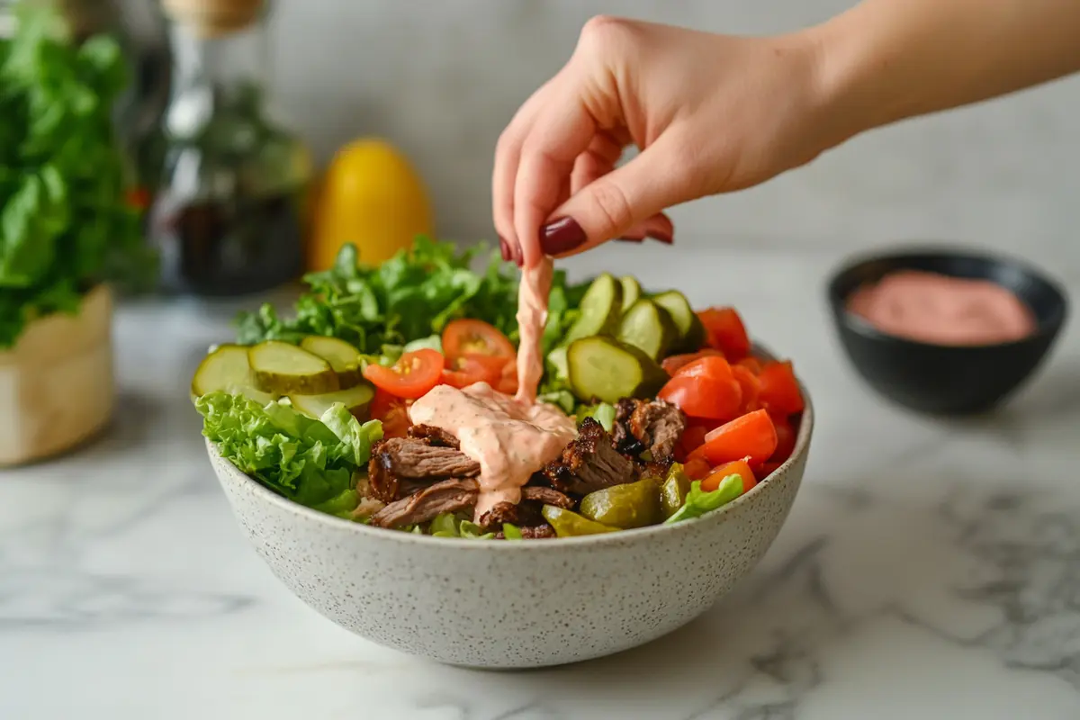 Hands assembling a burger bowl with fresh ingredients on a white marble kitchen countertop.