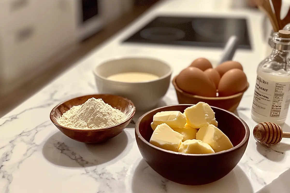 Key baking ingredients like eggs, butter, honey, and milk arranged on a white marble kitchen countertop.