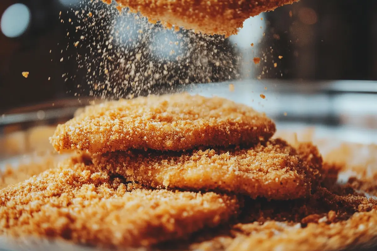 Chicken cutlets being breaded on marble