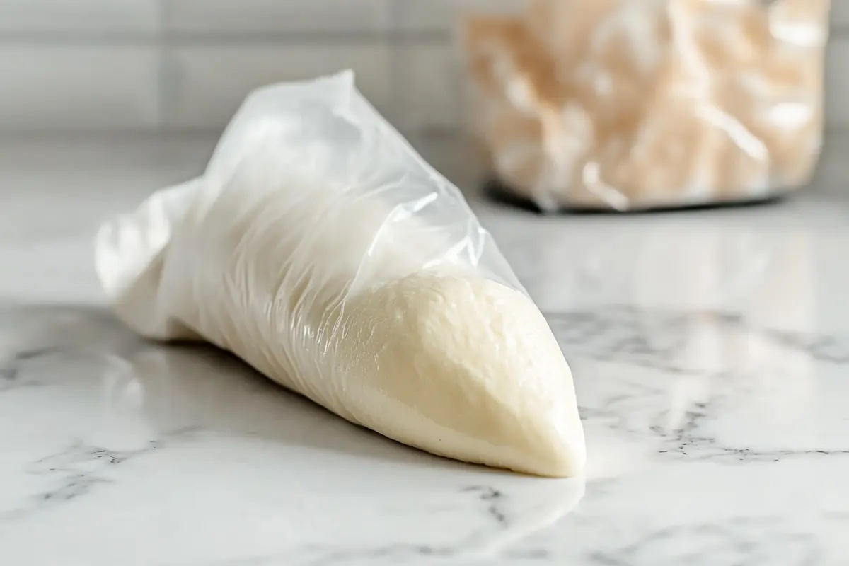 Chilled madeleine batter in a piping bag resting on a white marble countertop.