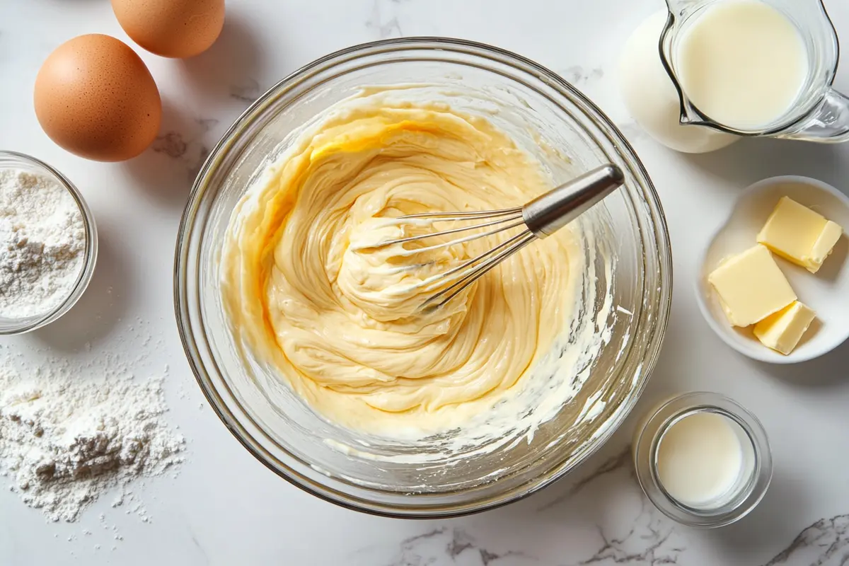Madeline batter made with cream being whisked in a bowl on a marble countertop.

