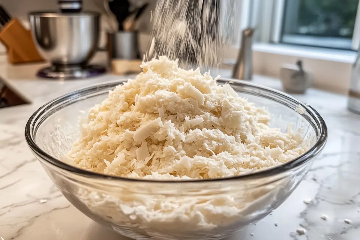 A glass bowl filled with homemade cookie dough being mixed with a wooden spoon, with visible coconut flakes and a creamy texture.