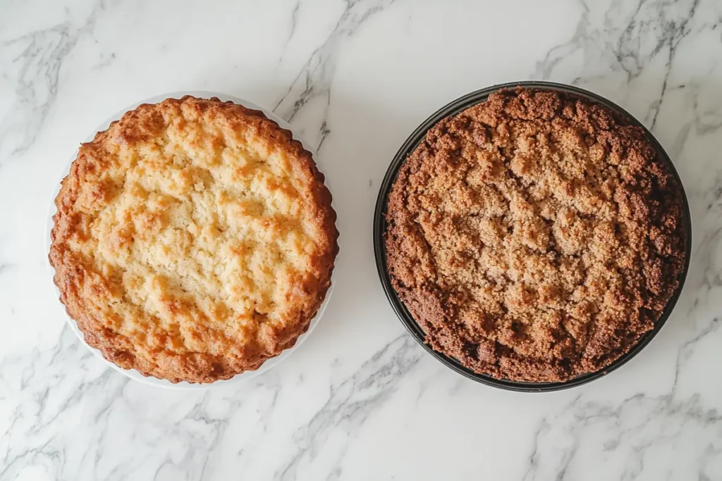 Coffee cake and crumb cake on a white marble counter