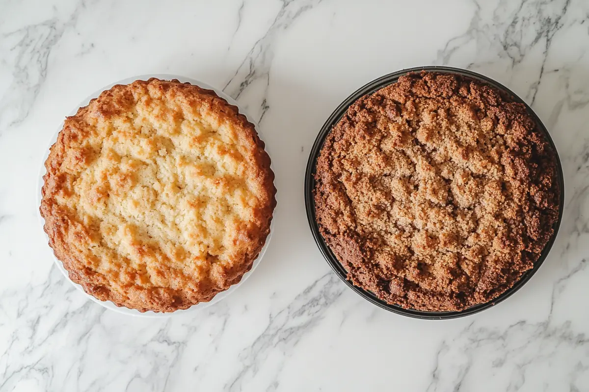 Coffee cake and crumb cake on a white marble counter