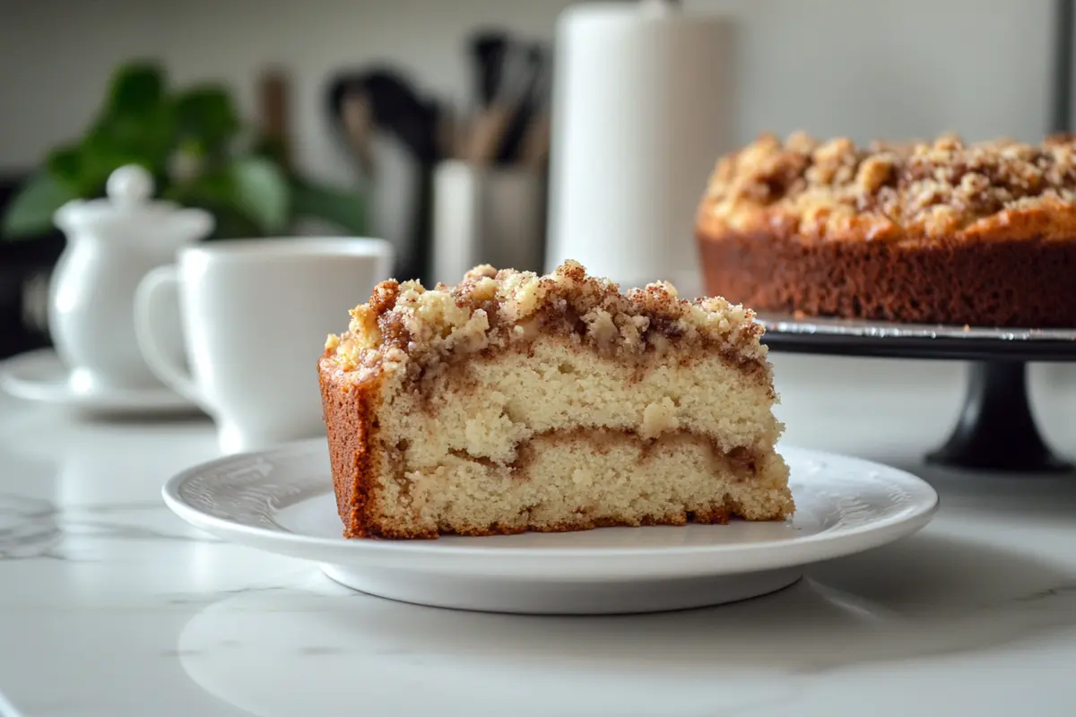 Sliced coffee cake with streusel topping on a plate