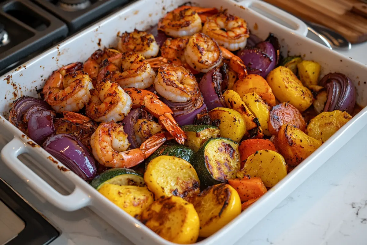 Roasted vegetables served as a side with barbecue shrimp
