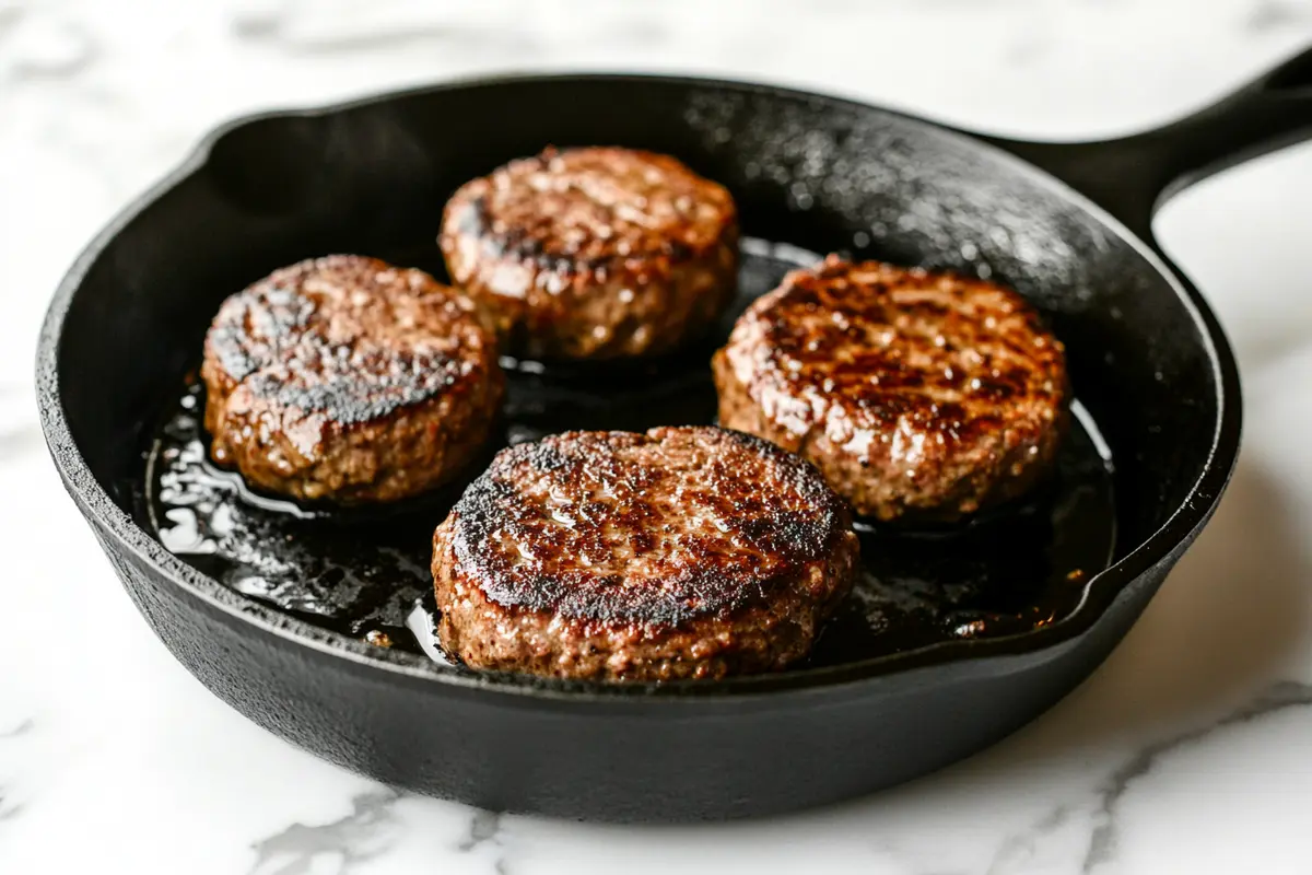 Juicy beef patties sizzling in a cast-iron skillet, developing a crispy, golden-brown crust.