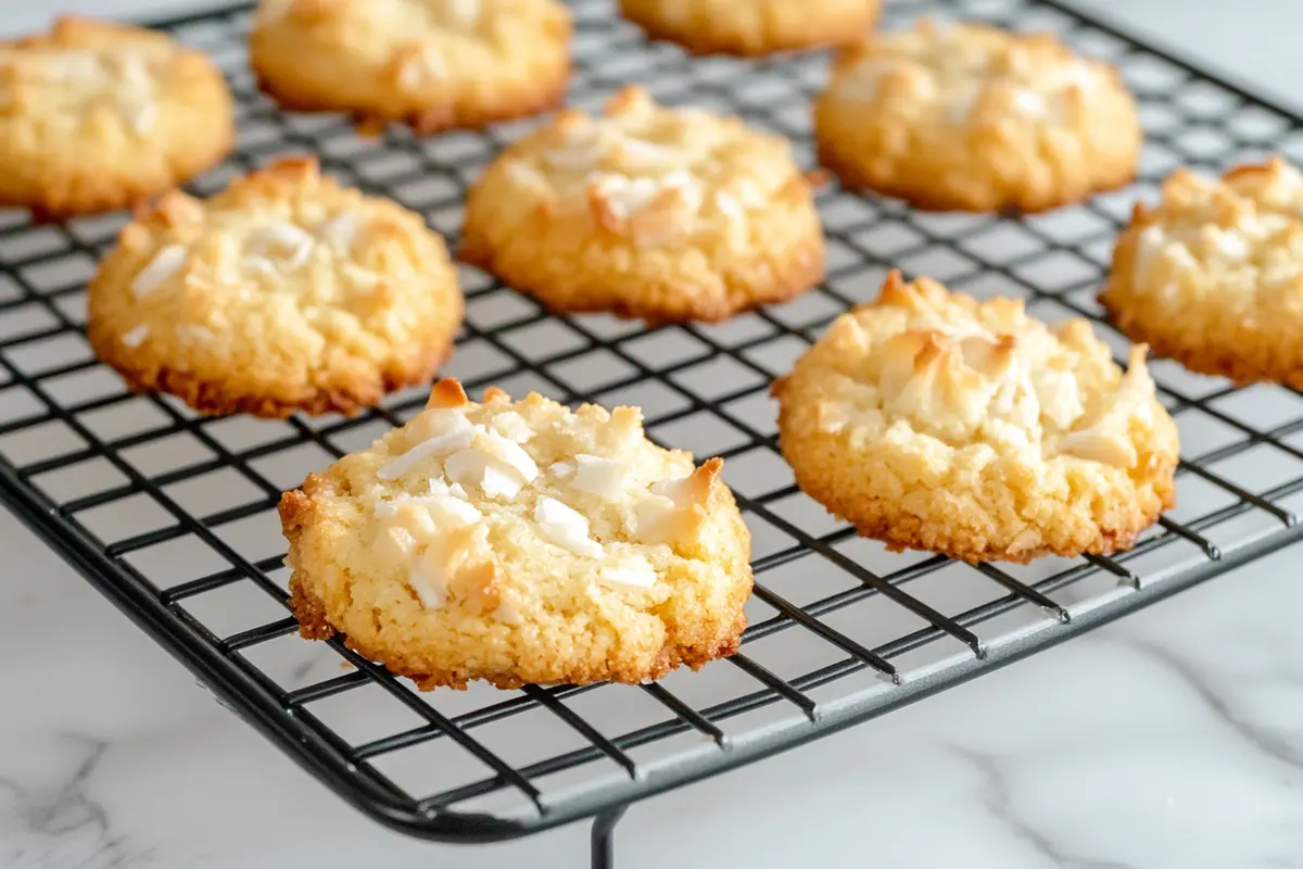 Freshly baked coconut cookies cooling on a wire rack, with golden edges and coconut flakes, placed on a white kitchen marble surface.