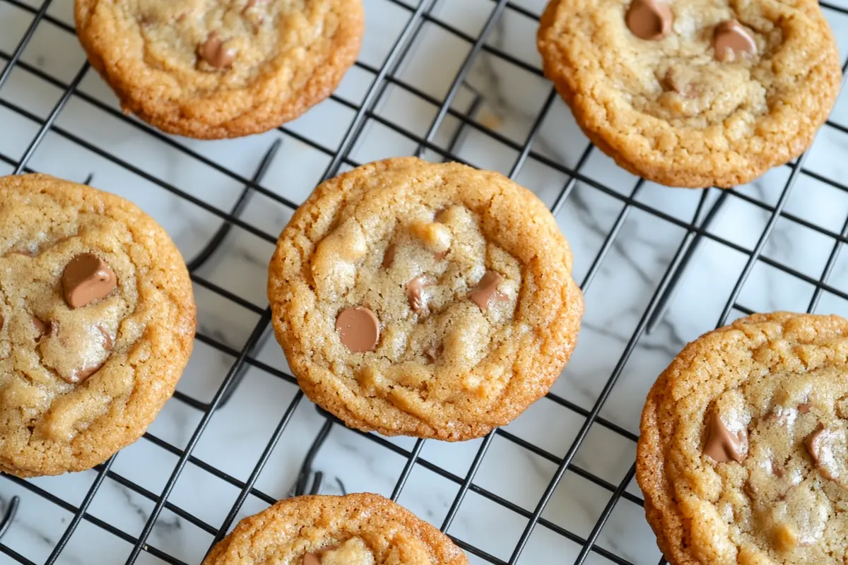 Freshly baked soft cookies cooling on a wire rack, with melted chocolate chips and a white kitchen marble background.