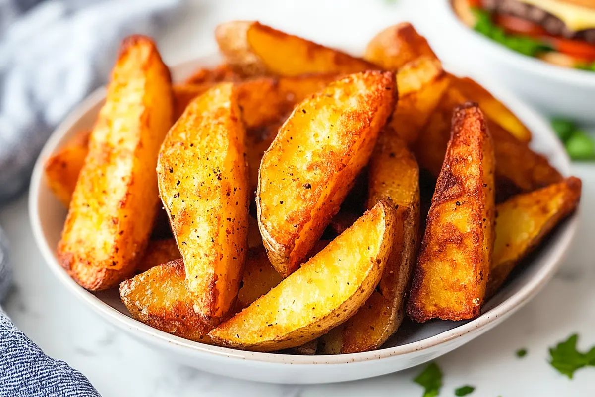 A plate of crispy air-fried potato wedges next to a fresh burger bowl on a white kitchen