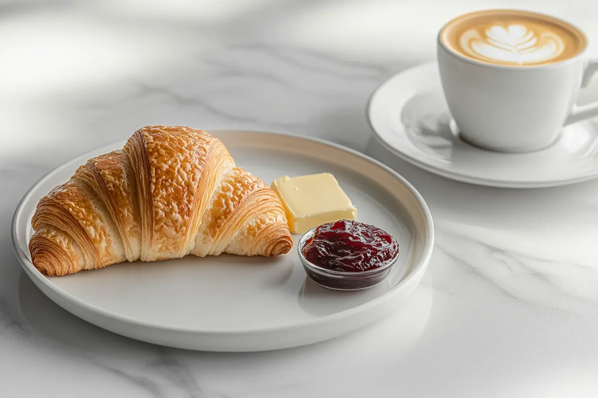 A croissant and a gipfeli served for breakfast on a white kitchen marble counter, accompanied by butter, jam, and a cappuccino.