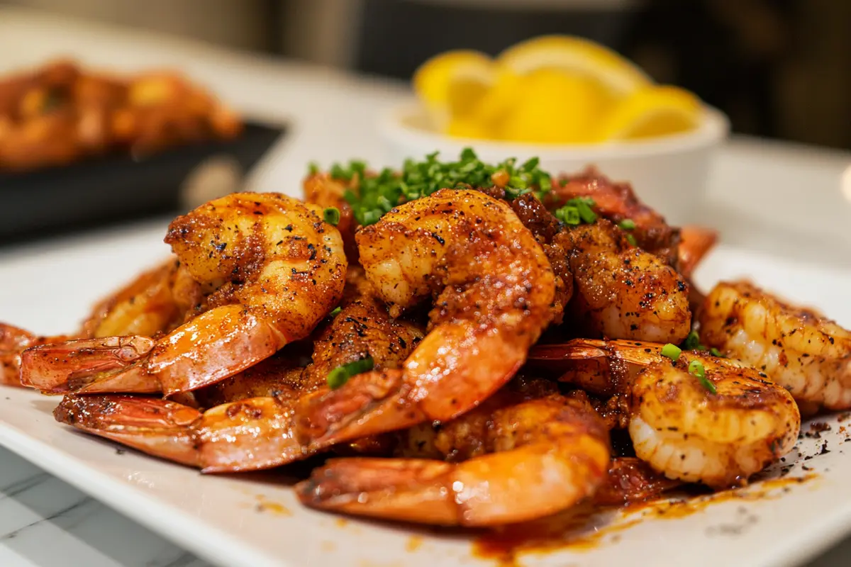 Platter of barbecue shrimp with various side dishes