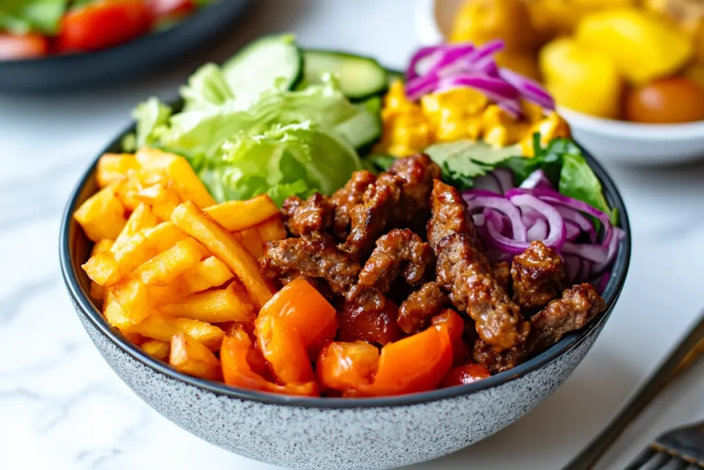 Close-up shot of a delicious burger bowl with fresh ingredients on a white marble kitchen countertop.