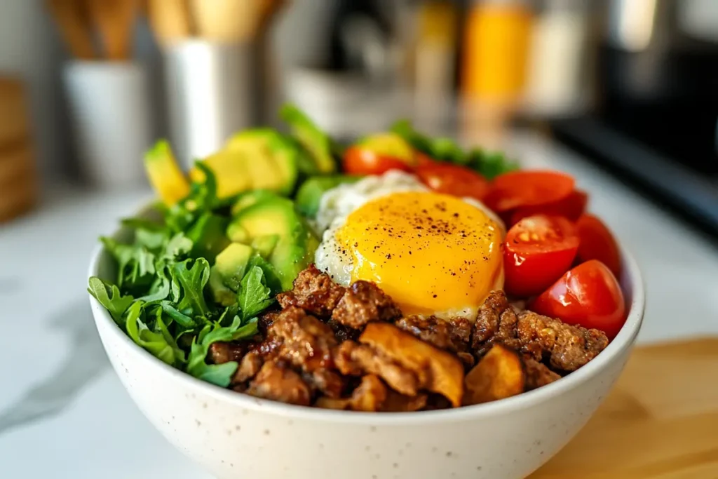 A close-up of a freshly prepared burger bowl with lettuce, tomatoes, grilled beef, and a drizzle of sauce on a marble kitchen counter.