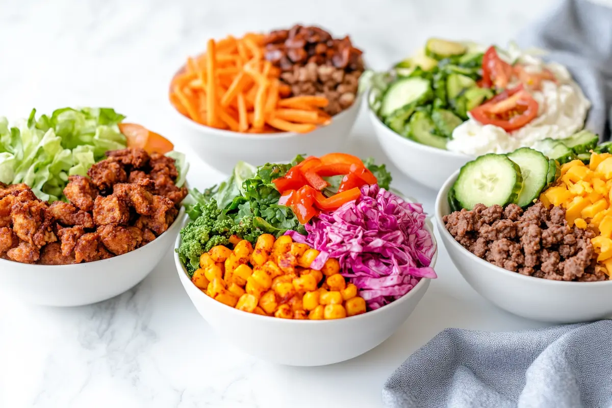 Four unique burger bowl variations—Mediterranean, Southwest, Asian, and Italian—arranged side by side on a white kitchen marble counter.
