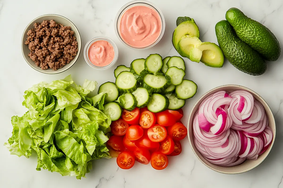 Fresh ingredients for a burger bowl, including beef, lettuce, tomato, avocado, and sauce, displayed on a white marble countertop.