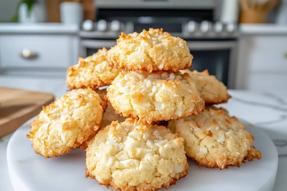 A close-up of freshly baked golden-brown coconut cookies on a white kitchen marble countertop.