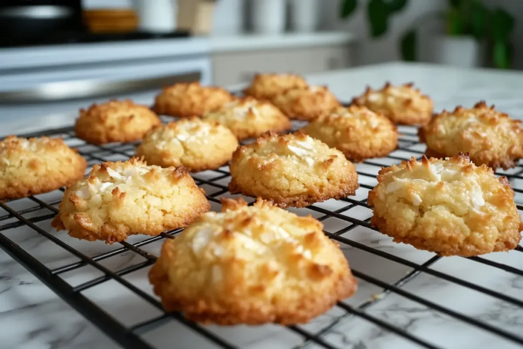 Freshly baked cookies cooling on a wire rack, with a golden, crispy exterior and coconut flakes sprinkled on top.