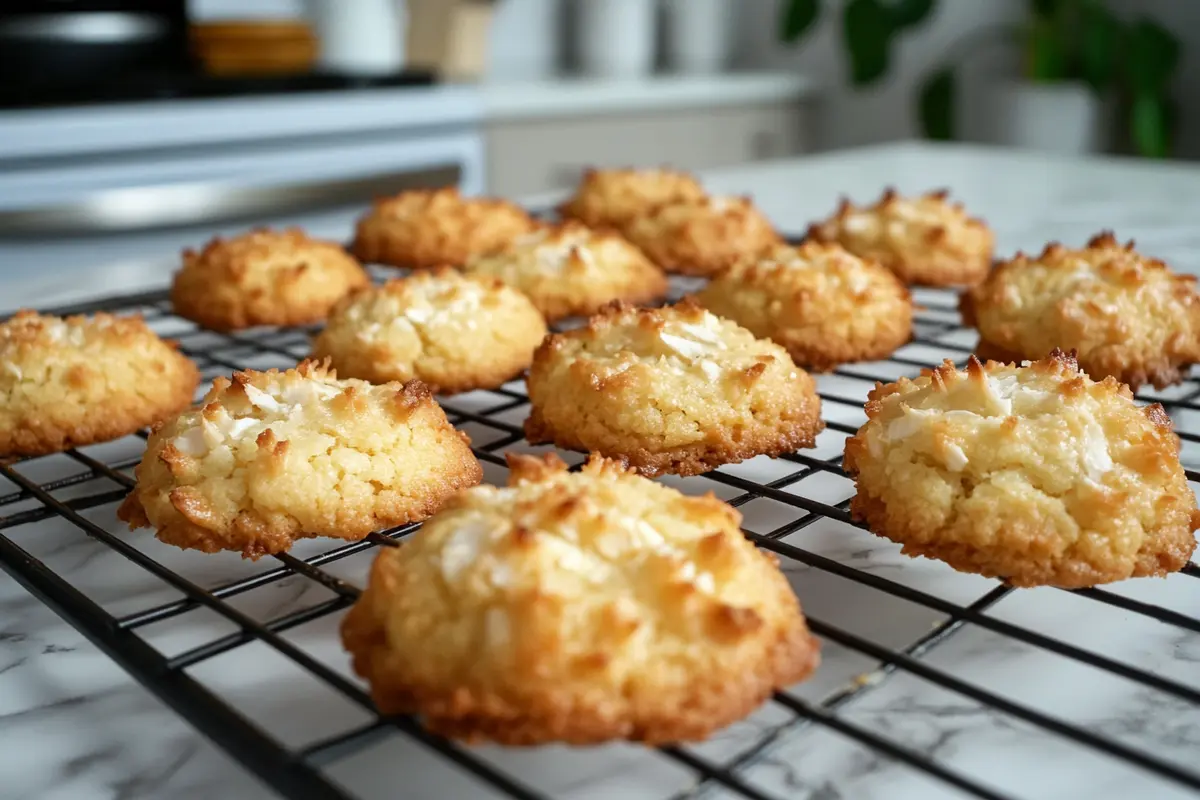 Freshly baked coconut cookies cooling on a wire rack, with a golden, crispy exterior and coconut flakes sprinkled on top.