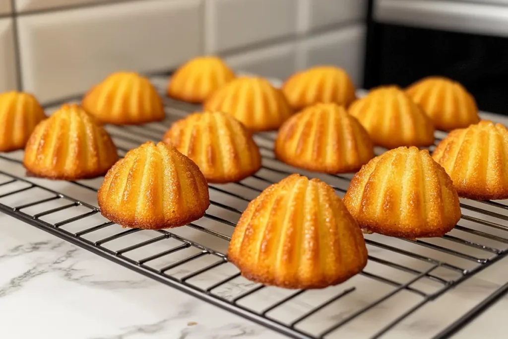 Freshly baked madeleines cooling on a white marble countertop. Why does madeleine batter have to rest? Resting helps achieve a fluffy texture.