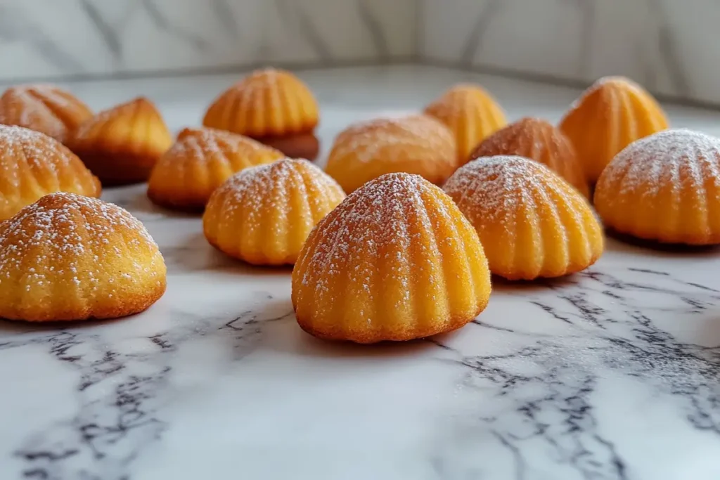 Freshly baked madeleines resting on a white kitchen marble countertop.