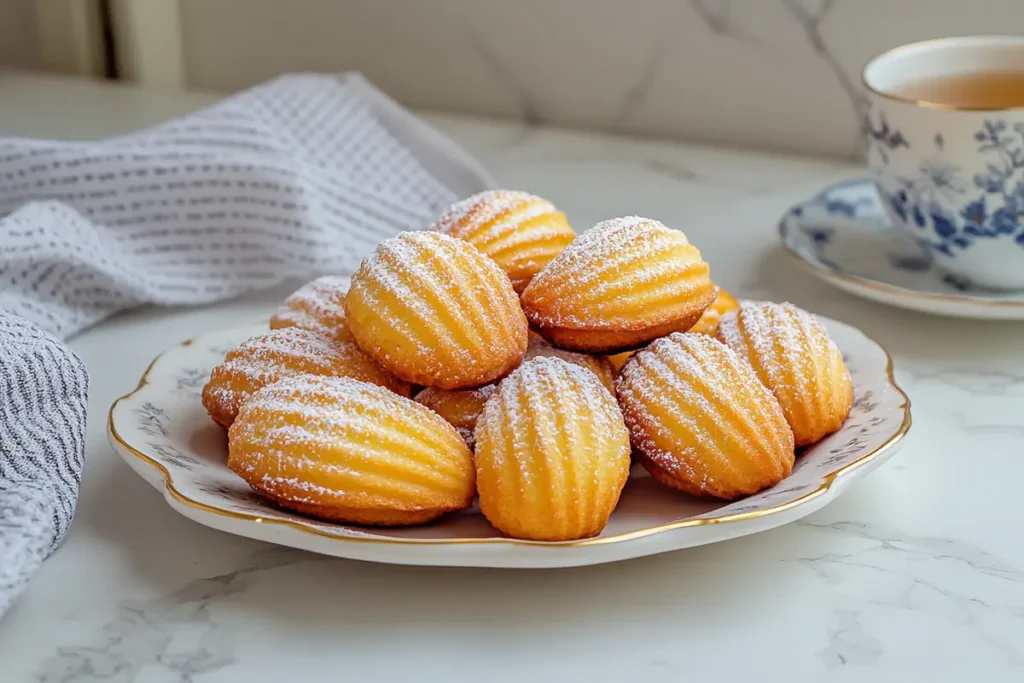 Close-up of freshly baked madeleines on a white marble countertop with powdered sugar.