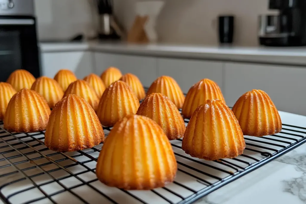 A batch of freshly baked madeleines with a perfect hump, cooling on a rack in a bright kitchen with a white marble countertop