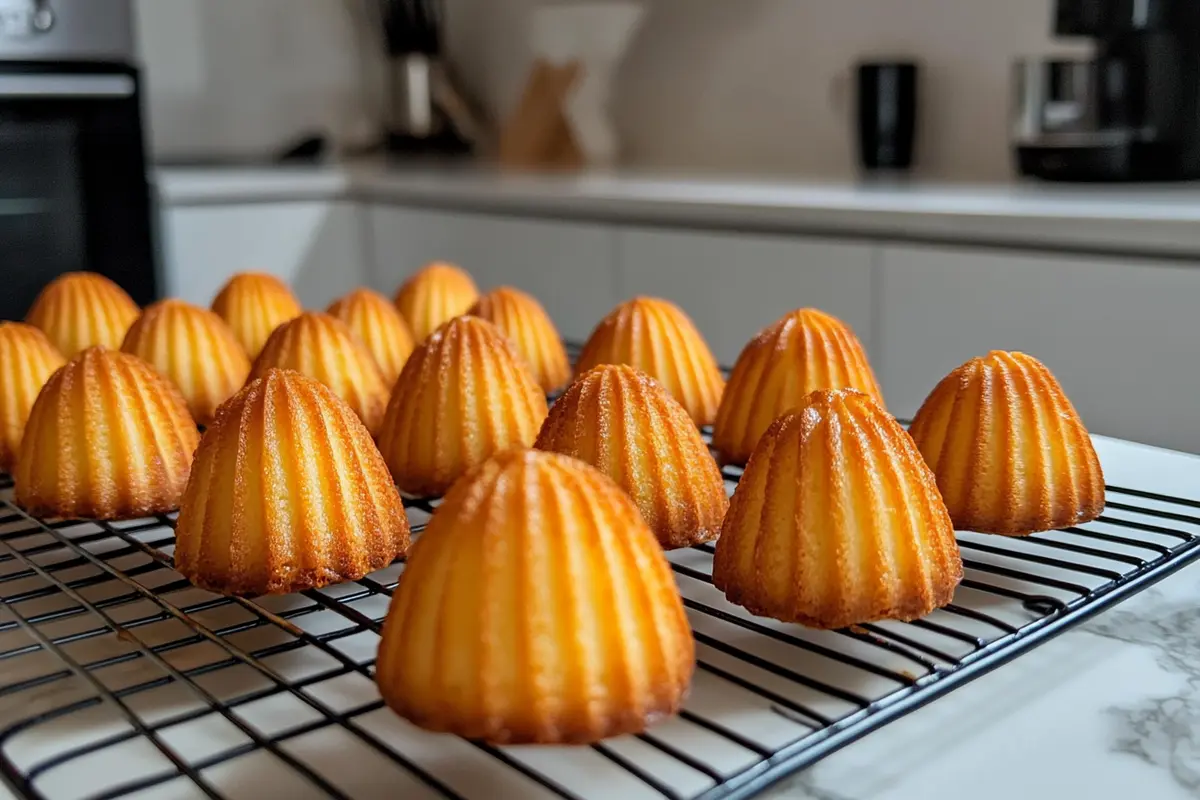 A batch of freshly baked madeleines with perfect humps on a cooling rack, set against a white marble kitchen background.