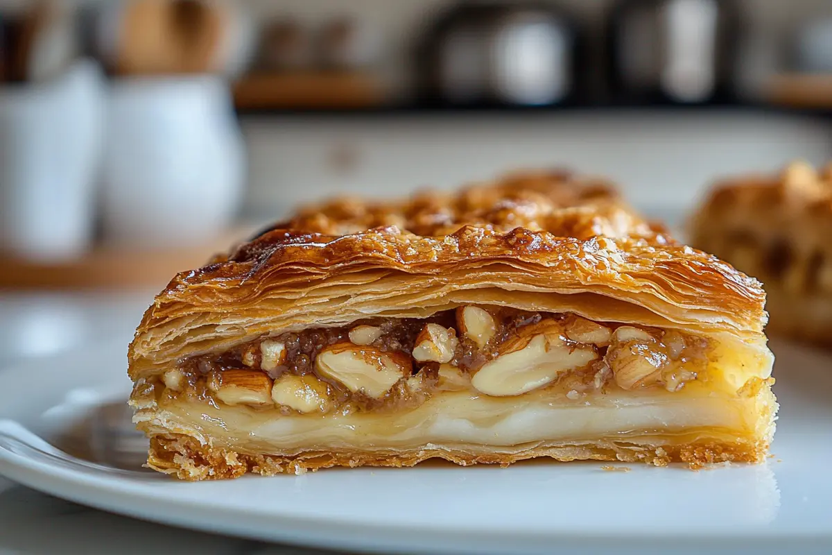 A close-up shot of a freshly baked Nussgipfel on a white plate, showcasing its golden crust and nut filling, placed on a white kitchen marble counter.
