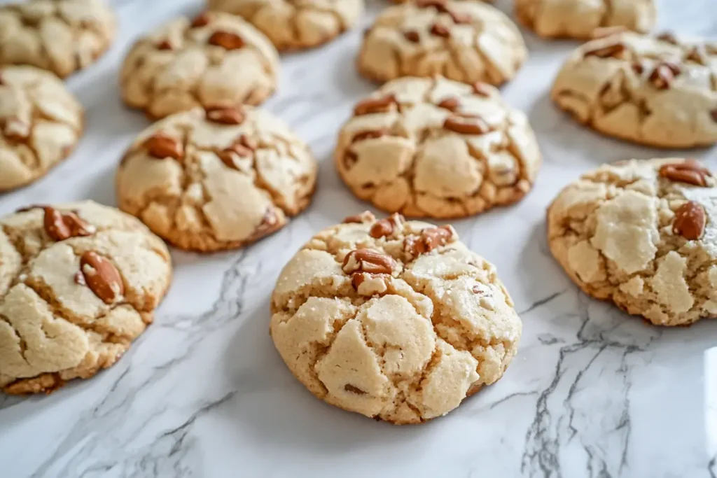 Close-up of freshly baked pignoli cookies with golden pine nuts on a white marble countertop.