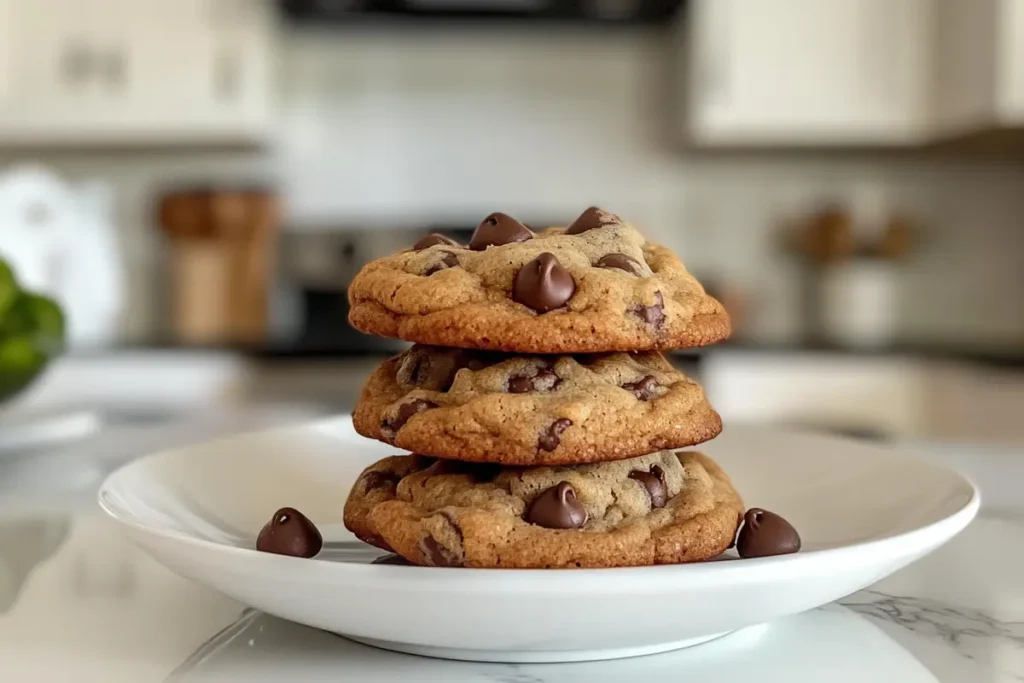A close-up of freshly baked soft chocolate chip cookies on a white kitchen marble countertop.
