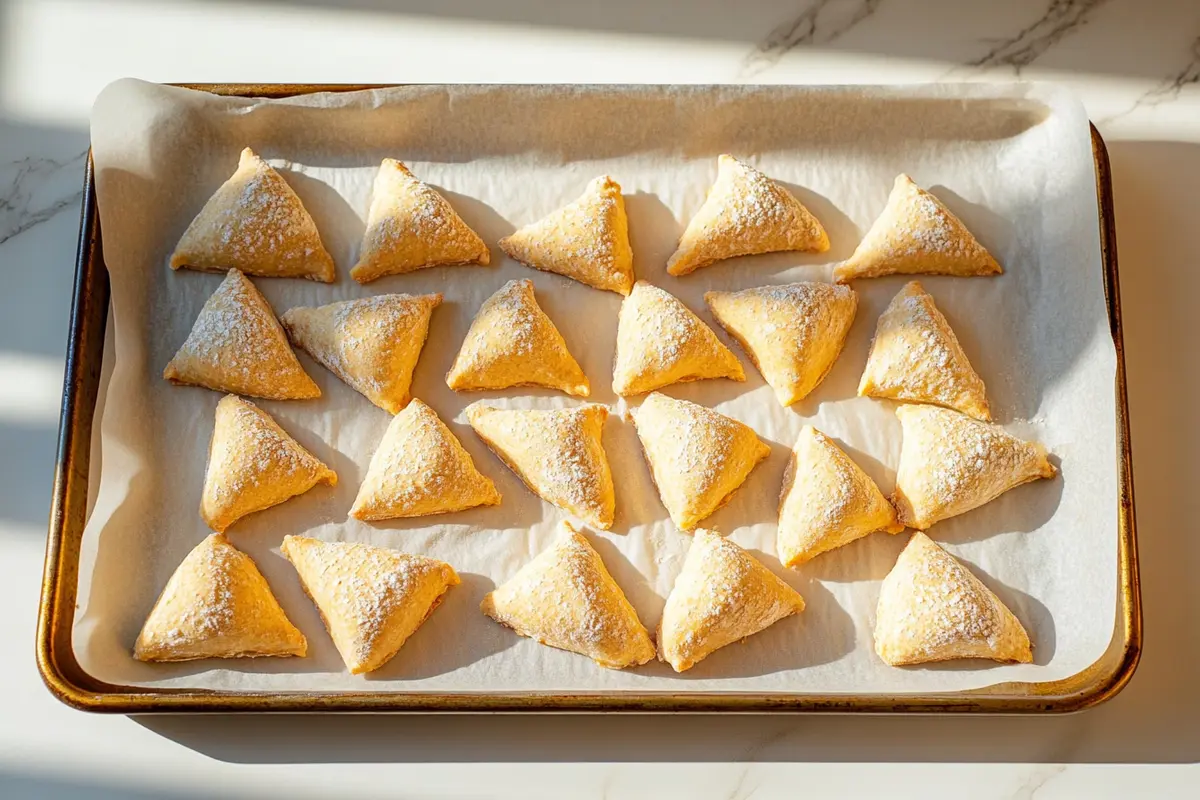 Unbaked gipfeli arranged on a parchment-lined baking tray, ready for the oven.