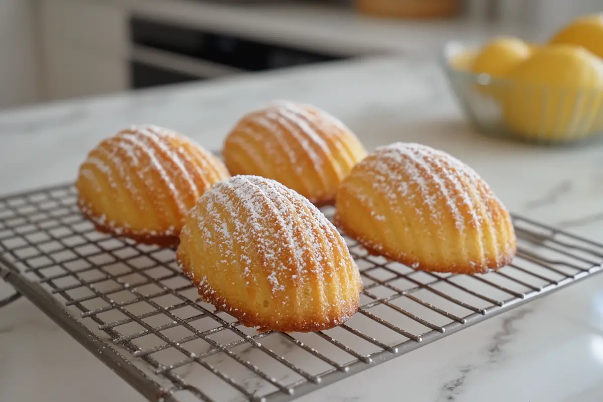 Freshly baked golden madeleines using cream cooling on a wire rack.

